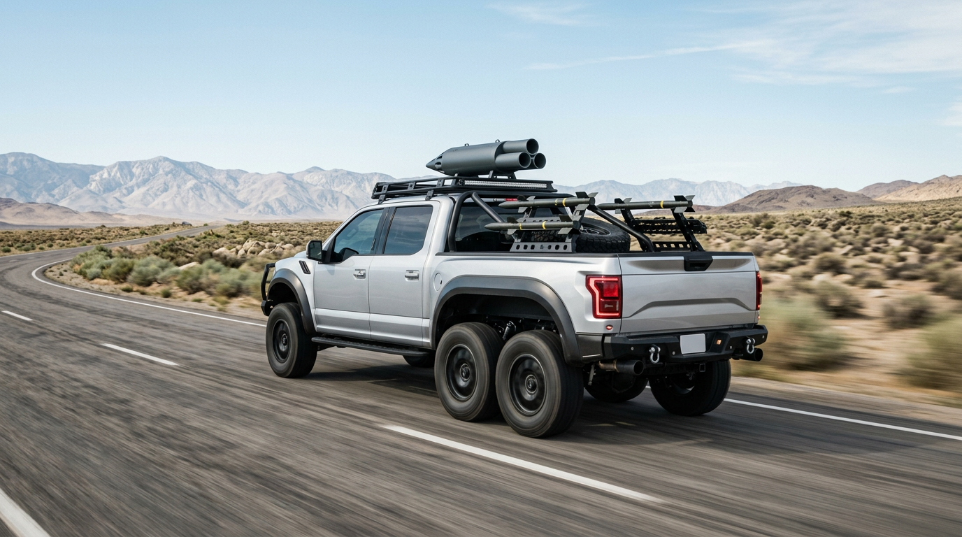A silver six-wheel pickup with a rooftop rocket pod and a missile rack, driving through the desert. Artwork.