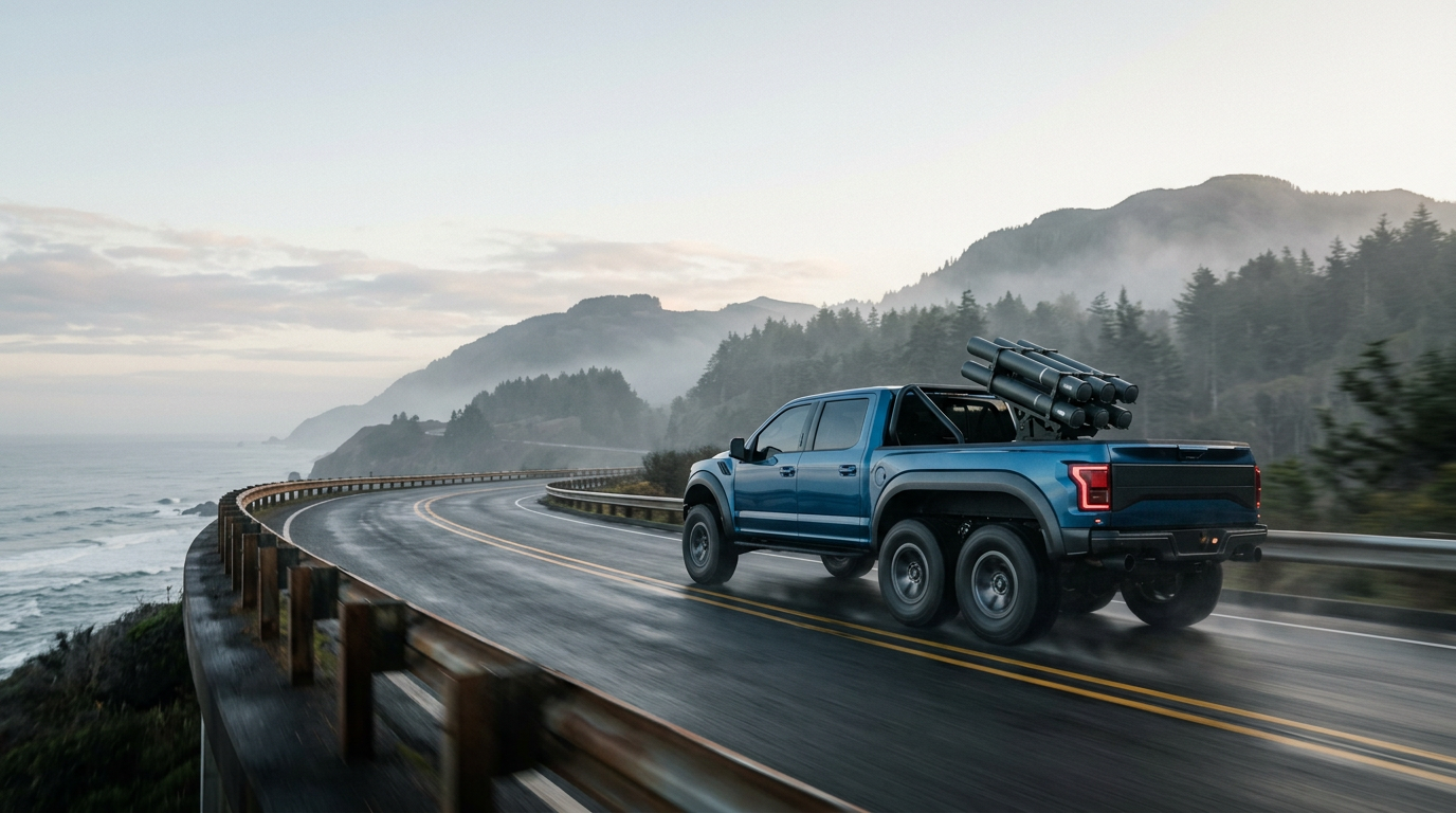 A blue six-wheel pickup with a missile rack on its bed, seen from behind on a misty coastal road. Artwork.
