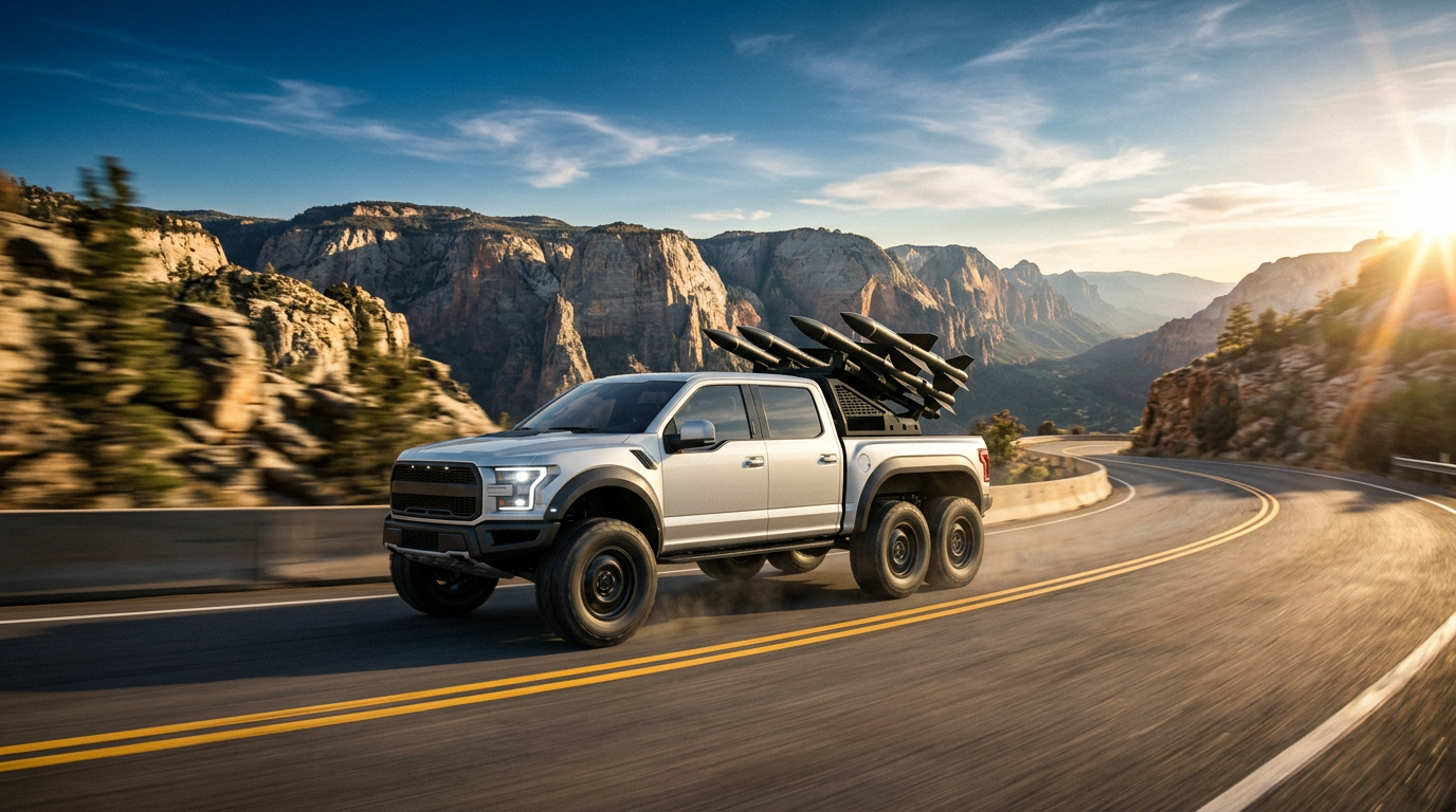 A silver-white six-wheel pickup with a missile rack on a mountain road at golden hour. Artwork.