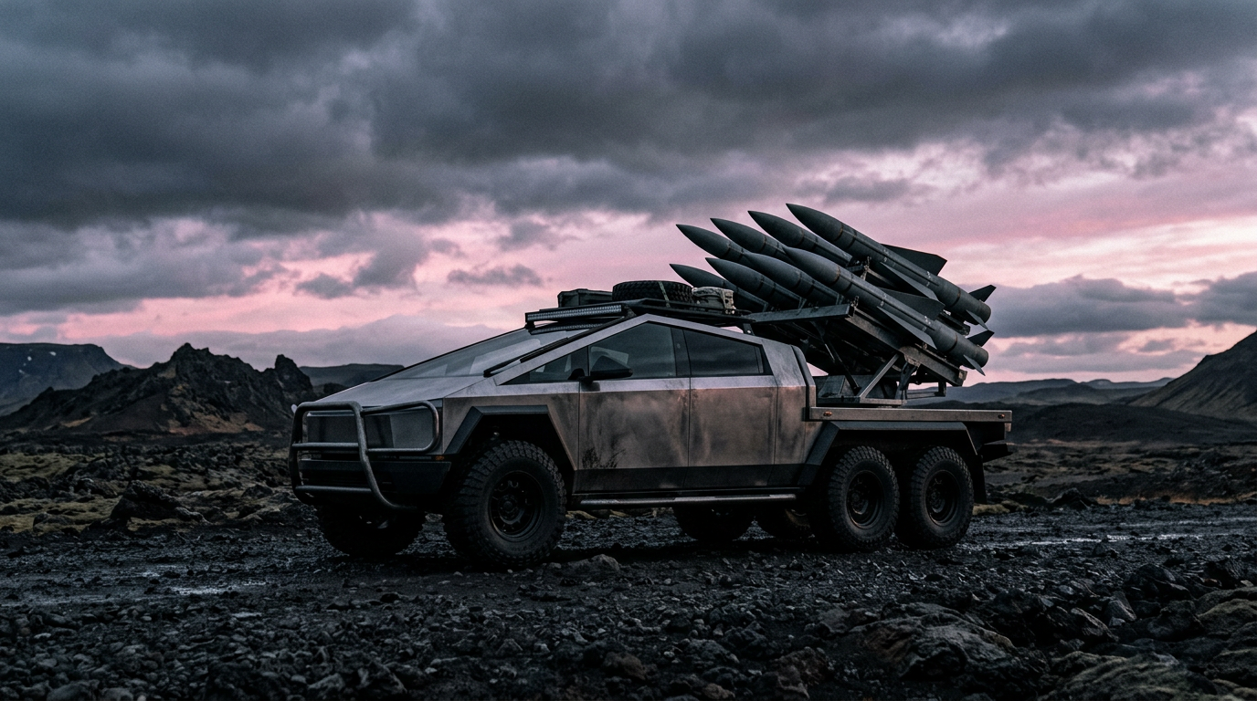 A boxy steel six-wheel pickup with a large missile rack on volcanic gravel under pink and grey dusk clouds. Sample artwork.