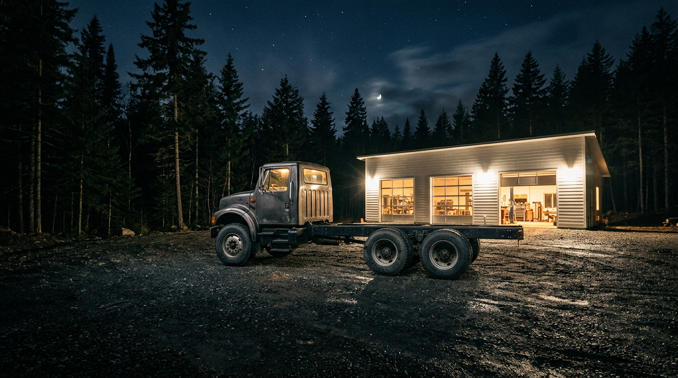 A bare six-wheel truck chassis parked on gravel at night beside a lit workshop in a pine forest. Artwork.