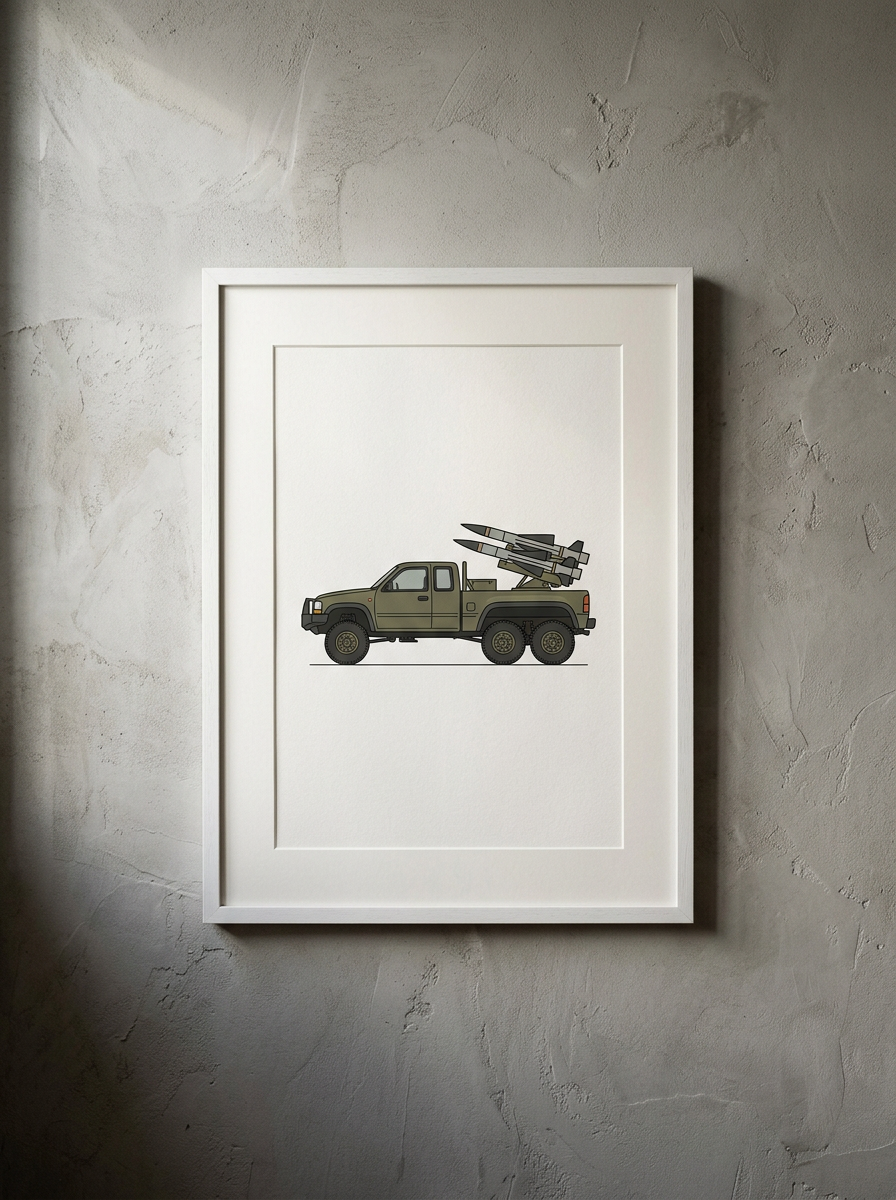 A framed illustration of a six-wheel pickup with a missile rack, hanging on a soft-lit plaster wall. Sample artwork.