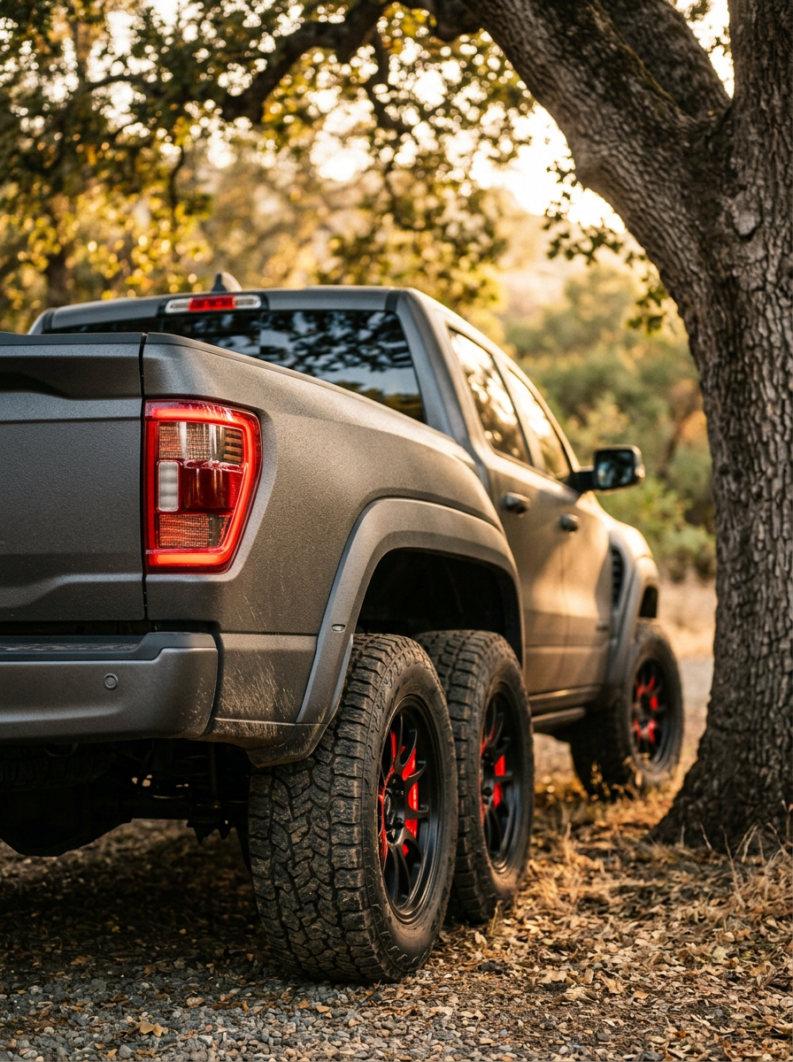 The rear tandem wheels and tail light of a charcoal six-wheel pickup under a tree at golden hour. Artwork.