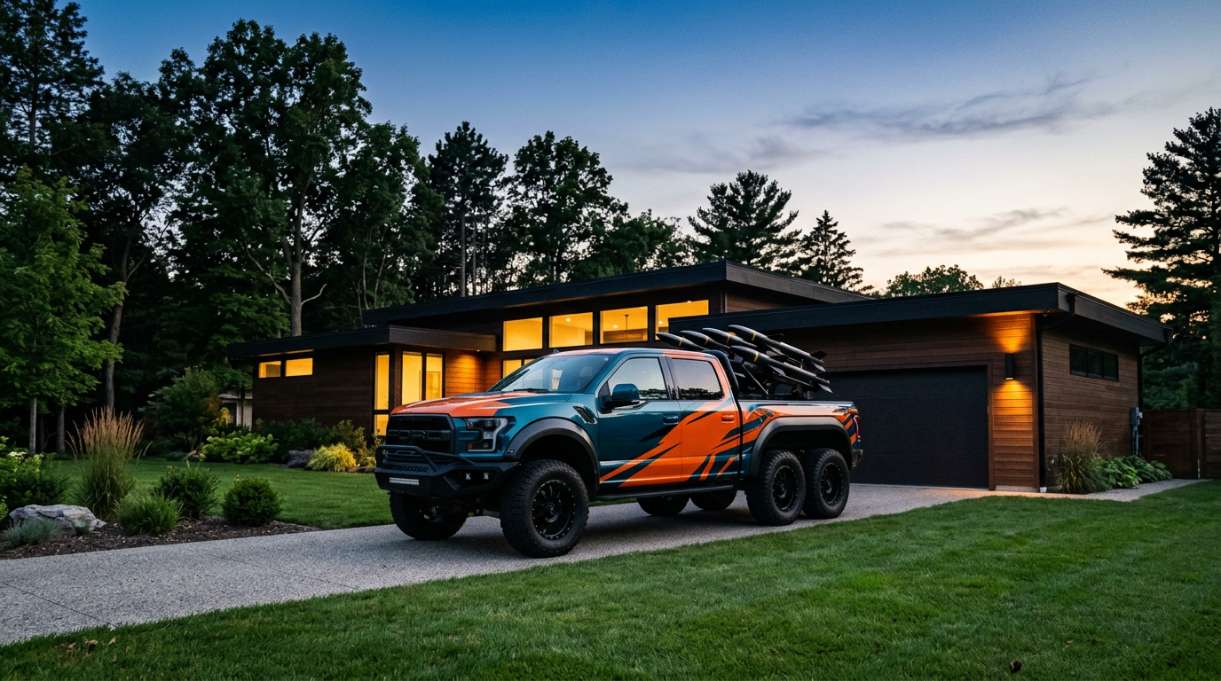 A six-wheel pickup in a teal and orange wrap with a missile rack, parked outside a modern house at dusk. Artwork.